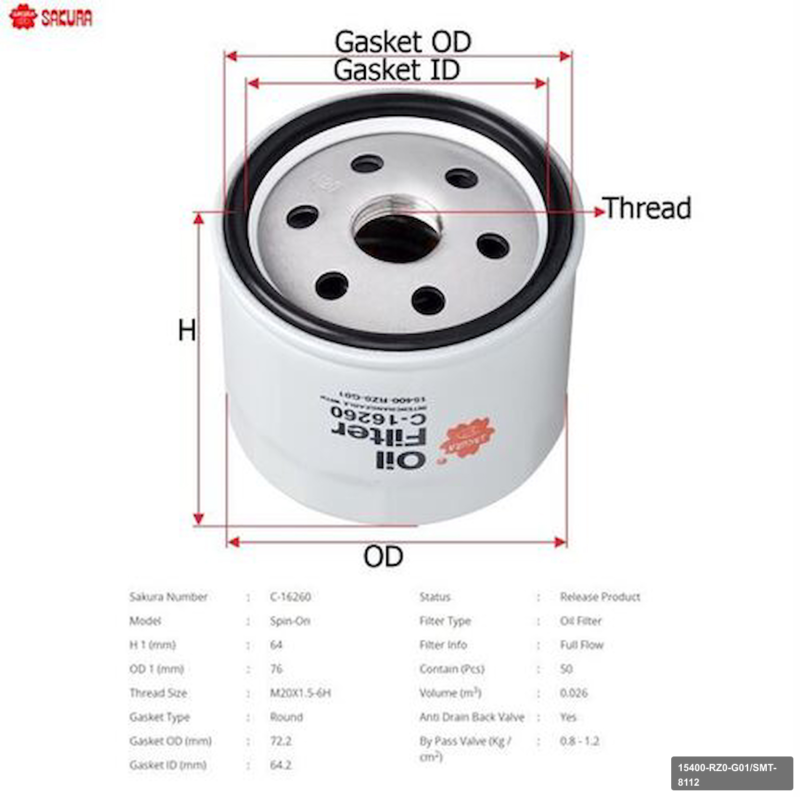 Honda Civic 1.6 Dizel Crv Suzuki Vitara 2006 ve Üzeri Grand 1.9 Dizel Nissan Juke Qashqai Yağ Filtresi C-16260 Sakura 15400-R